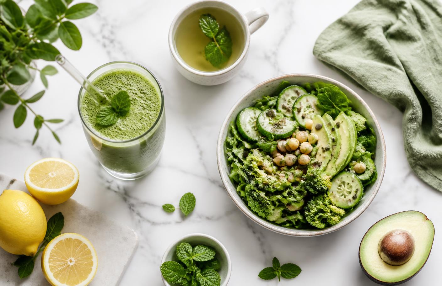 Suco verde, chá de hortelã e salada fresca sobre bancada de mármore